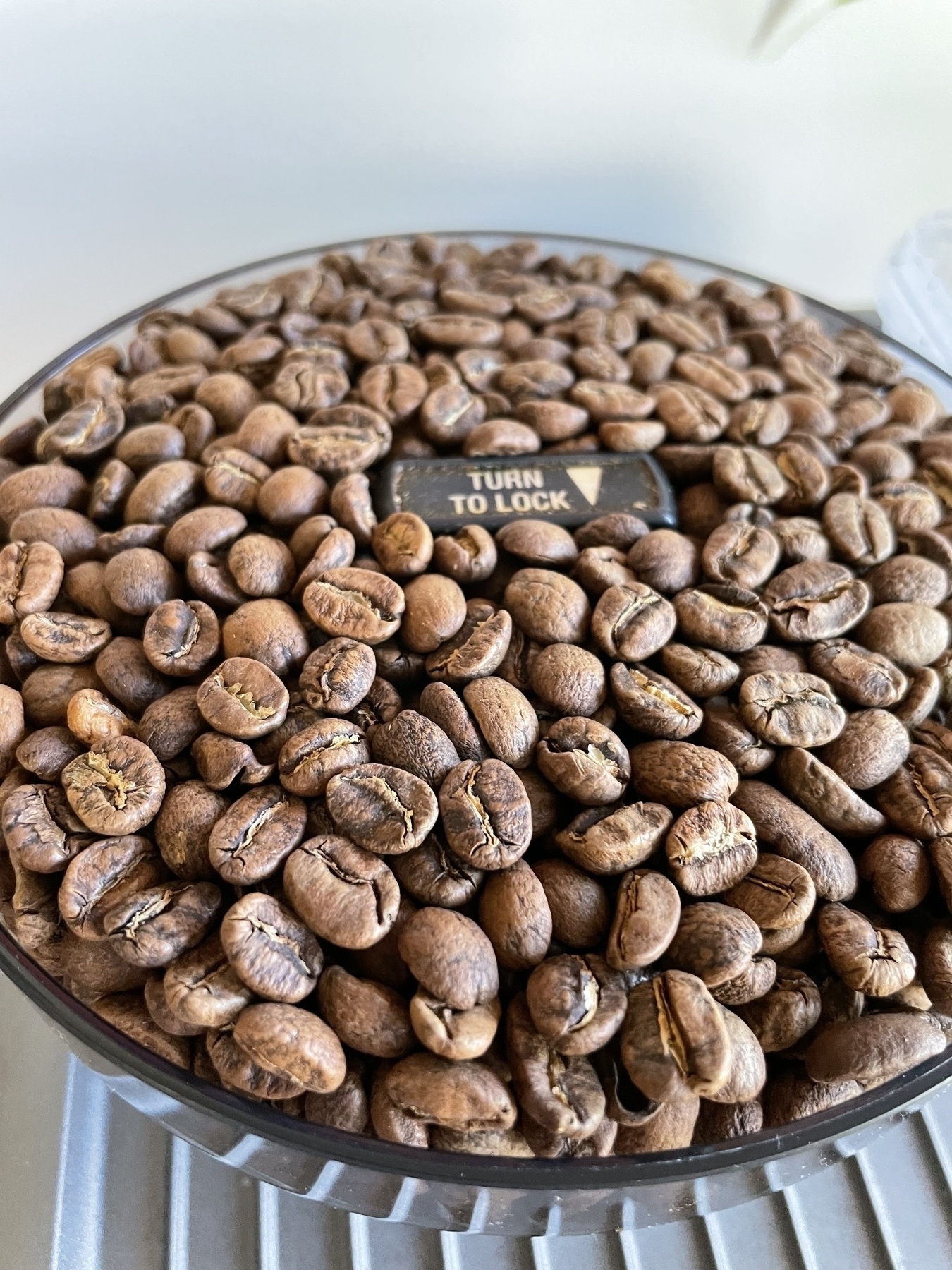 A container is filled with whole coffee beans and features a "TURN TO LOCK" mechanism in the center.