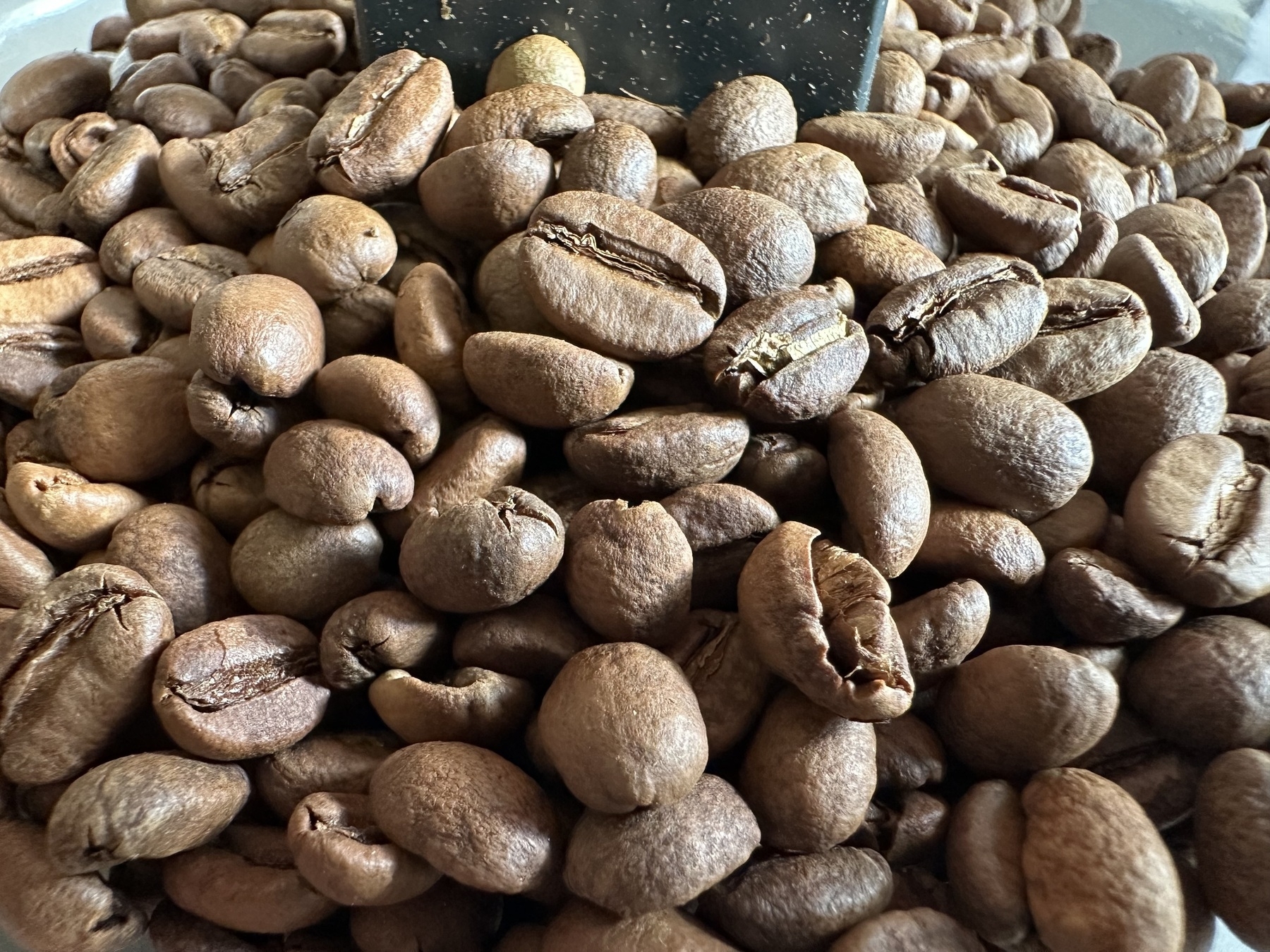 A close-up of roasted coffee beans piled together.
