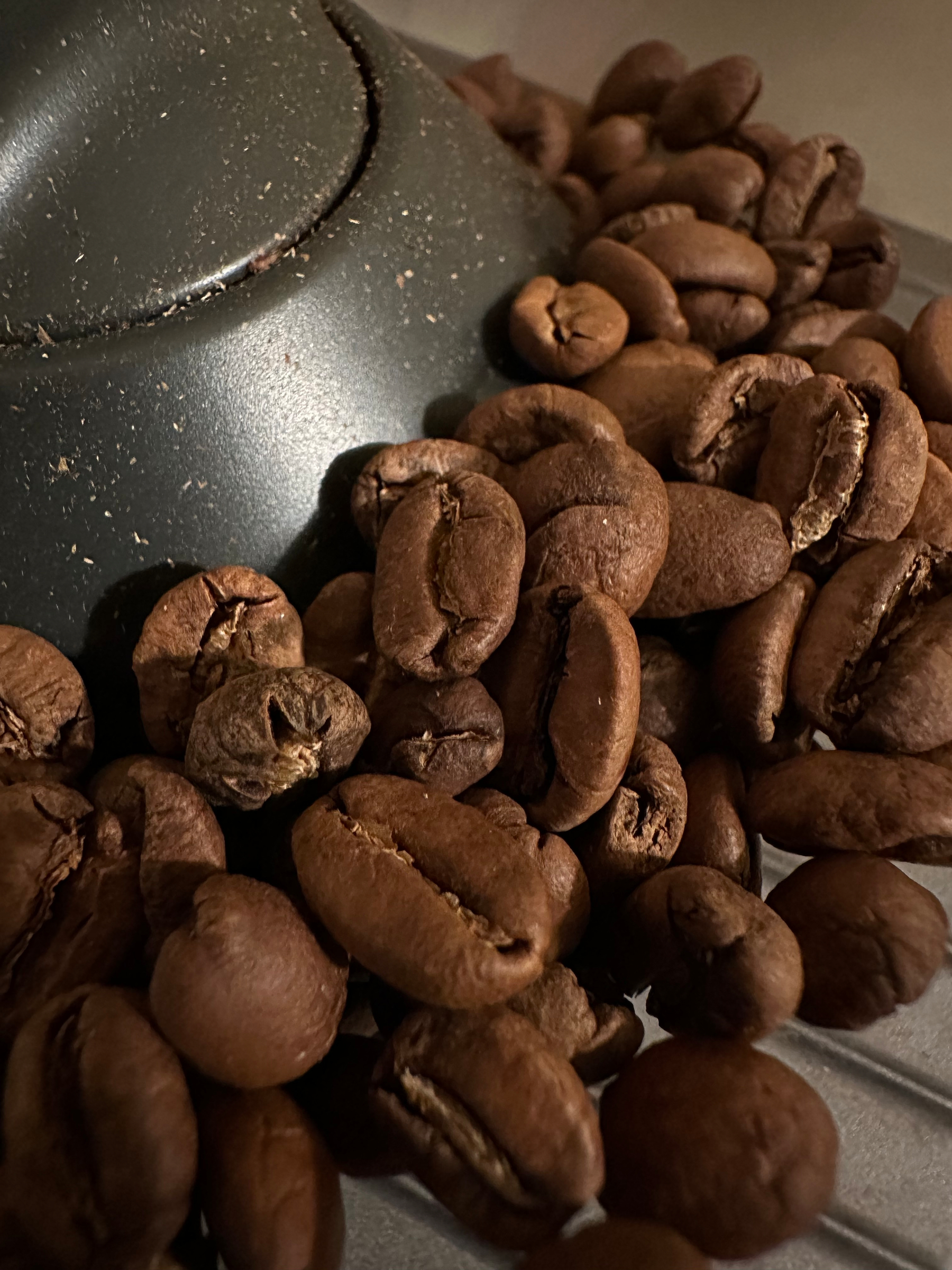 Dark roasted coffee beans are scattered around a black surface, possibly part of a grinder or container.
