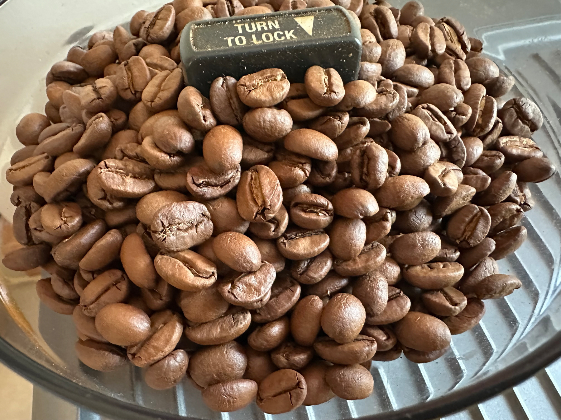 A pile of coffee beans fills a container with a knob labeled TURN TO LOCK on top.