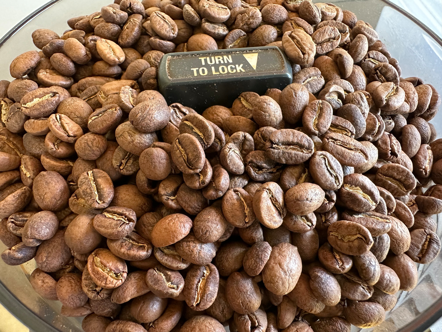A large pile of coffee beans surrounds a grinder lid labeled TURN TO LOCK.