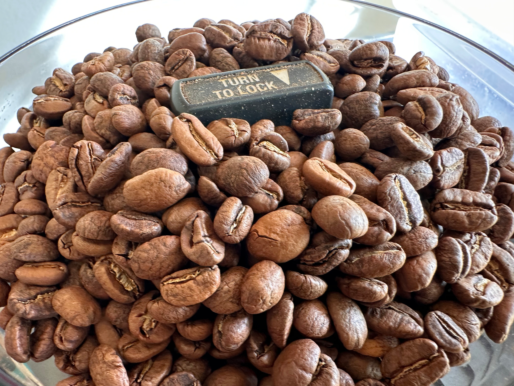 A clear bowl is filled with roasted coffee beans, with a small black object labeled TURN TO LOCK placed on top.
